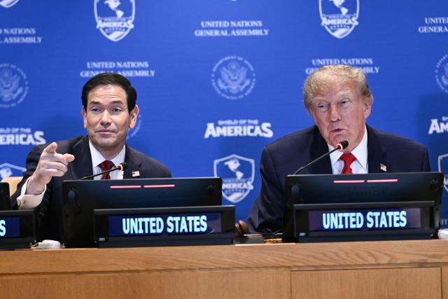 US President Donald Trump (R) and US Secretary of State Marco Rubio take part in a meeting of the Shield of the Americas on the sidelines of the United Nations General Assembly in New York on September 22, 2026. (Photo by Brendan SMIALOWSKI / AFP)