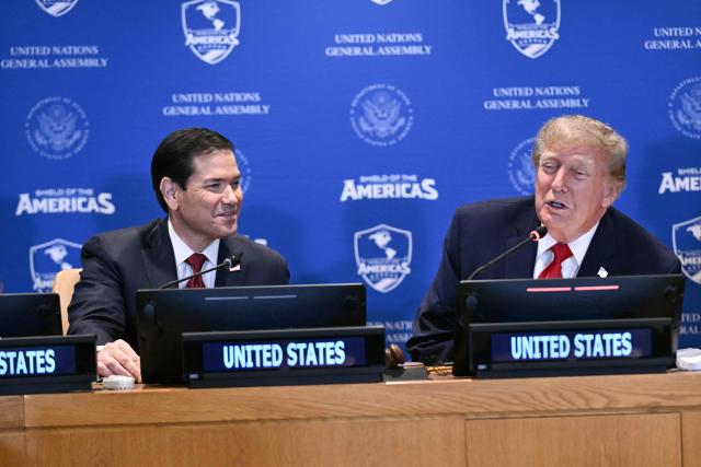 US President Donald Trump (R) and US Secretary of State Marco Rubio take part in a meeting of the Shield of the Americas on the sidelines of the United Nations General Assembly in New York on September 22, 2026. (Photo by Brendan SMIALOWSKI / AFP)