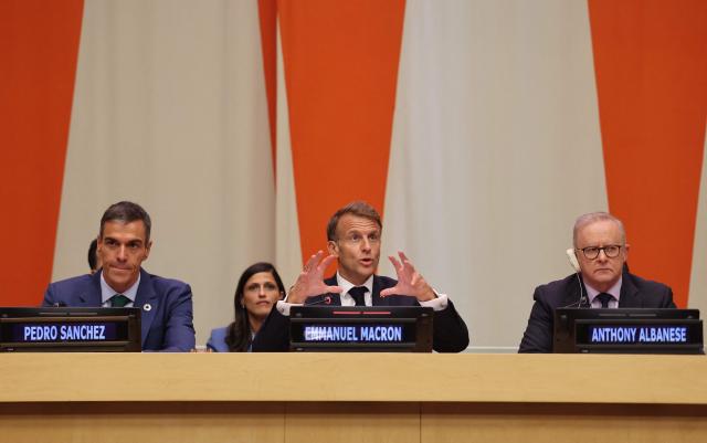 (From L) Spain’s Prime Minister Pedro Sбnchez, France's President Emmanuel Macron and Australia's Prime Minister Anthony Albanese participate in the Coalition for the Rights and Protection of Children in the Age of Artificial Intelligence session on the sidelines of the 81st United Nations General Assembly at United Nations Headquarters in New York on September 22, 2026. (Photo by Ludovic MARIN / AFP)