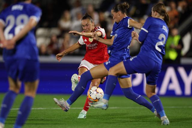 Arsenal's Australian striker #09 Caitlin Foord shoots but fails to score during the UEFA Women's Champions League, League Phase football match between Arsenal and HB Koge at Meadow Park in Borehamwood, north of London on September 22, 2026. (Photo by Adrian Dennis / AFP)