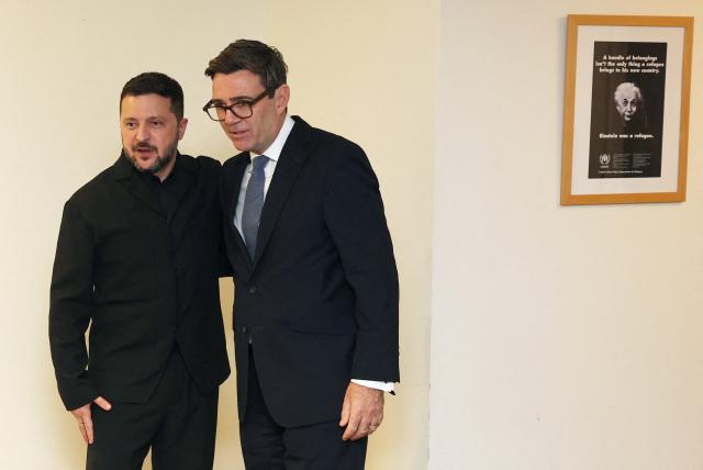 Britain's Prime Minister Andy Burnham (R) meets with Ukrainian President Volodymyr Zelensky on the sidelines of the 81st United Nations General Assembly, in New York City, US, September 22, 2026. (Photo by Toby Melville / POOL / AFP)
