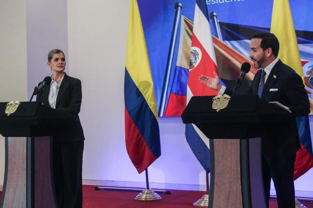 Costa Rica's president Laura Fernandez and Colombia's President Abelardo de la Espriella attend a joint press conference in Barranquilla, Colombia on September 22, 2026. (Photo by Jose TORRES / AFP)