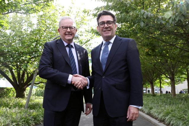 Britain's Prime Minister Andy Burnham (R) during a meeting with Australian Prime Minister Anthony Albanese on the sidelines of the 81st United Nations General Assembly, in New York City, US, September 22, 2026. (Photo by Toby Melville / POOL / AFP)