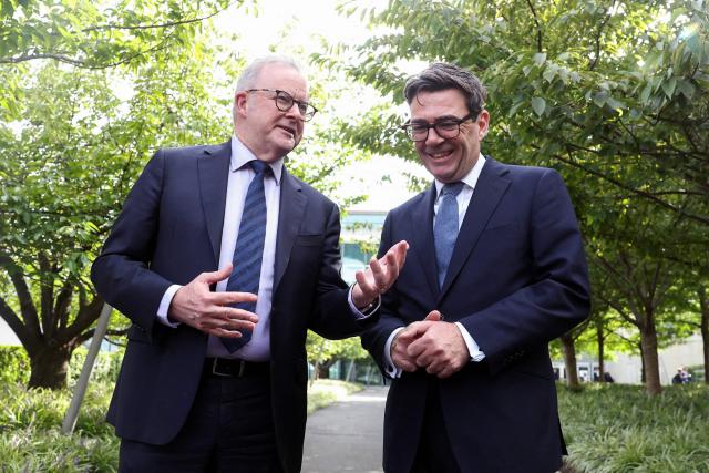 Britain's Prime Minister Andy Burnham (R) during a meeting with Australian Prime Minister Anthony Albanese on the sidelines of the 81st United Nations General Assembly, in New York City, US, September 22, 2026. (Photo by Toby Melville / POOL / AFP)