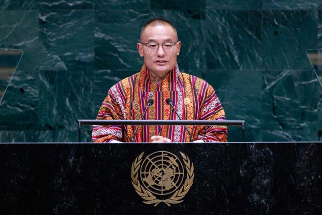 Bhutan's Prime Minister Tshering Tobgay speaks during the 81st United Nations General Assembly at the United Nations Headquarters in New York, on September 22, 2026. (Photo by Leonardo MUNOZ / AFP)