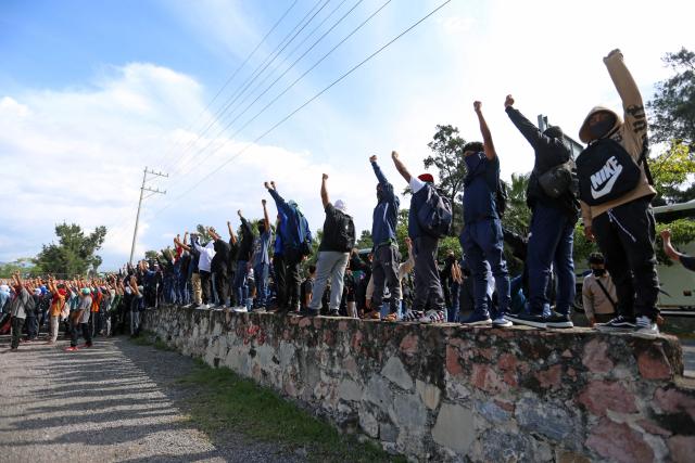 Demonstrators protest ahead of the 12th anniversary of the disappearance of the 43 Ayotzinapa students in Chilpancingo, Guerrero state, Mexico, on September 22, 2026. The 43 students from a teachers' college disappeared on September 26, 2014, while traveling by bus through the state of Guerrero to take part in a demonstration in Mexico City. (Photo by Eduardo Guerrero / AFP)