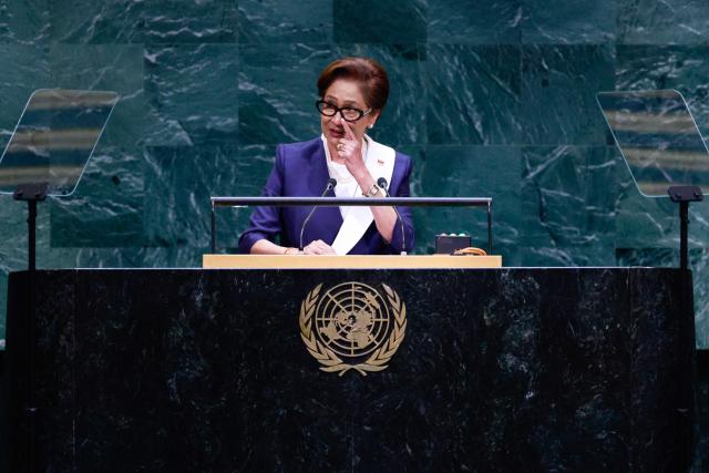 Prime Minister of Trinidad and Tobago Kamla Persad-Bissessar speaks during the 81st United Nations General Assembly at the United Nations Headquarters in New York, on September 22, 2026. (Photo by Leonardo MUNOZ / AFP)