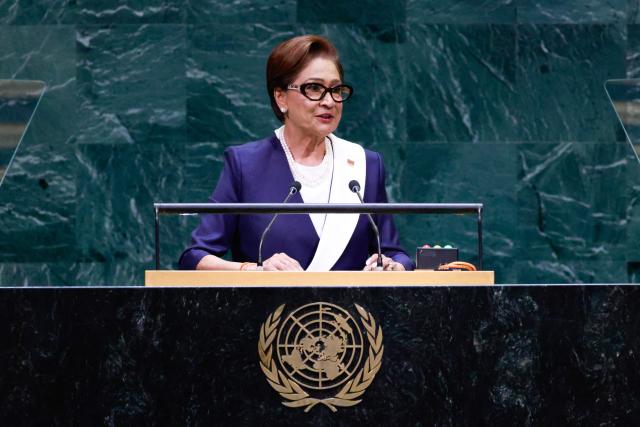 Prime Minister of Trinidad and Tobago Kamla Persad-Bissessar speaks during the 81st United Nations General Assembly at the United Nations Headquarters in New York, on September 22, 2026. (Photo by Leonardo MUNOZ / AFP)