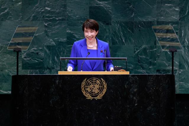 Japan's Prime Minister Sanae Takaichi speaks during the 81st United Nations General Assembly at the United Nations Headquarters in New York, on September 22, 2026. (Photo by Leonardo MUNOZ / AFP)