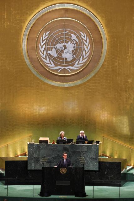 British Prime Minister Andy Burnham delivers a speech during the United Nations General Assembly (UNGA) at UN headquarters in New York City, September 22, 2026. (Photo by Toby Melville / POOL / AFP)