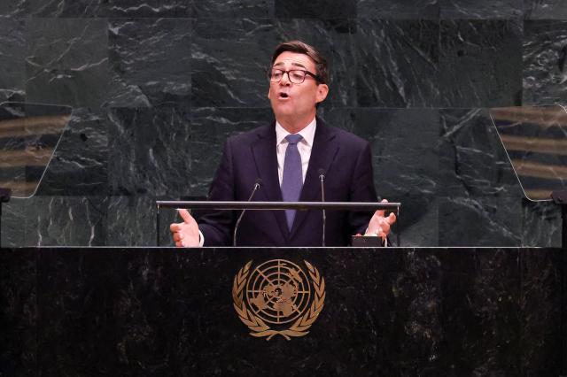 British Prime Minister Andy Burnham delivers a speech during the United Nations General Assembly (UNGA) at UN headquarters in New York City, September 22, 2026. (Photo by Toby Melville / POOL / AFP)