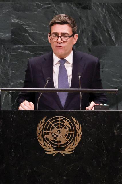 British Prime Minister Andy Burnham delivers a speech during the United Nations General Assembly (UNGA) at UN headquarters in New York City, September 22, 2026. (Photo by Toby Melville / POOL / AFP)
