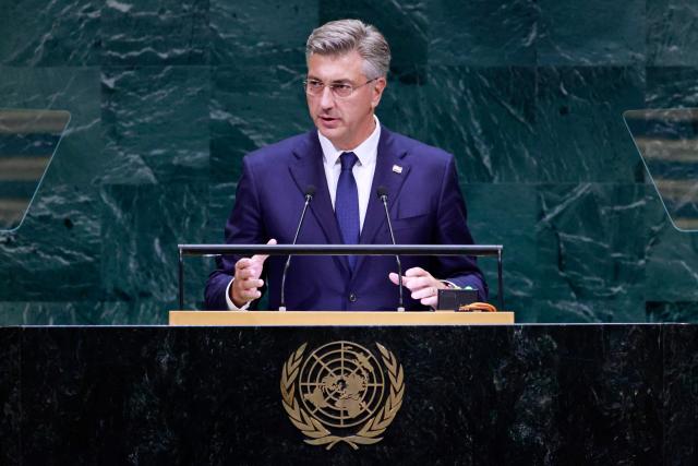 Croatia's Prime Minister Andrej Plenkovic speaks during the 81st United Nations General Assembly at the United Nations Headquarters in New York, on September 22, 2026. (Photo by Leonardo MUNOZ / AFP)