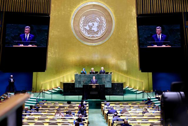 Croatia's Prime Minister Andrej Plenkovic speaks during the 81st United Nations General Assembly at the United Nations Headquarters in New York, on September 22, 2026. (Photo by Leonardo MUNOZ / AFP)