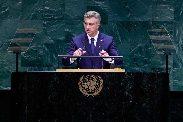 Croatia's Prime Minister Andrej Plenkovic speaks during the 81st United Nations General Assembly at the United Nations Headquarters in New York, on September 22, 2026. (Photo by Leonardo MUNOZ / AFP)
