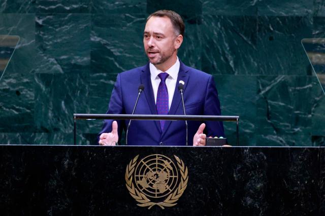 Belgian Deputy Prime Minister Maxime Prevot speaks during the 81st United Nations General Assembly at the United Nations Headquarters in New York, on September 22, 2026. (Photo by Leonardo MUNOZ / AFP)