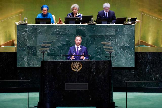 Belgian Deputy Prime Minister Maxime Prevot speaks during the 81st United Nations General Assembly at the United Nations Headquarters in New York, on September 22, 2026. (Photo by Leonardo MUNOZ / AFP)