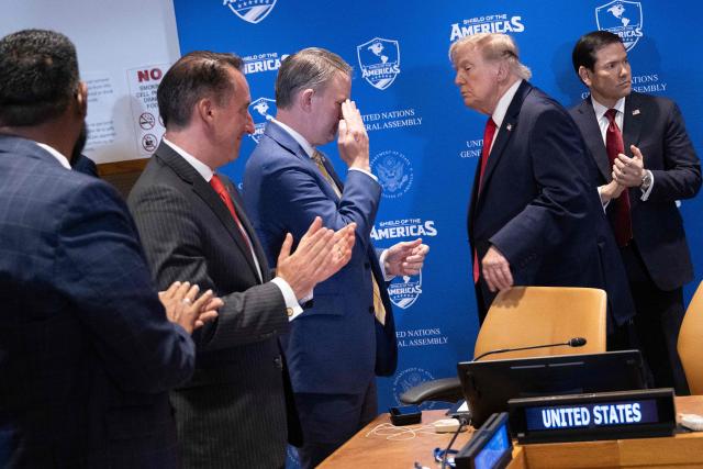 US President Donald Trump leaves after speaking at a "Shield of the Americas" meeting on the sidelines of the 81st United Nations General Assembly in New York, on September 22, 2026. (Photo by Brendan Smialowski / AFP)