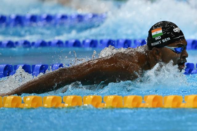 India's Benediction Rohit Beniston Manickaraj competes in a heat of the men's 100m butterfly swimming event during the 2026 Asian Games at the Tokyo Aquatics Centre in Tokyo on September 23, 2026. (Photo by ANDREW CABALLERO-REYNOLDS / AFP)