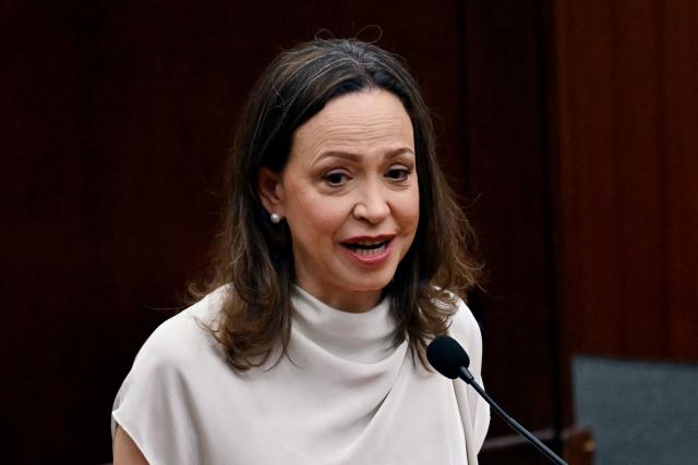 (FILES) Venezuelan opposition leader Maria Corina Machado delivers a speech at the National Assembly in Panama City on May 25, 2026. The return to Venezuela of Venezuelan opposition leader Maria Corina Machado from her exile in Panama was again prevented on September 22, 2026, sources from her political party Vente Venezuela told AFP, without identifying those responsible. (Photo by MARTIN BERNETTI / AFP)