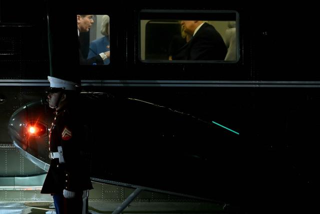 US President Donald Trump (R) listens to the US Secretary of the Treasury Scott Bessent inside Marine One after landing at John F. Kennedy International Airport in New York on September 22, 2026. Trump is returning to the White House after addressing the United Nations General Assembly. (Photo by Brendan SMIALOWSKI / AFP)