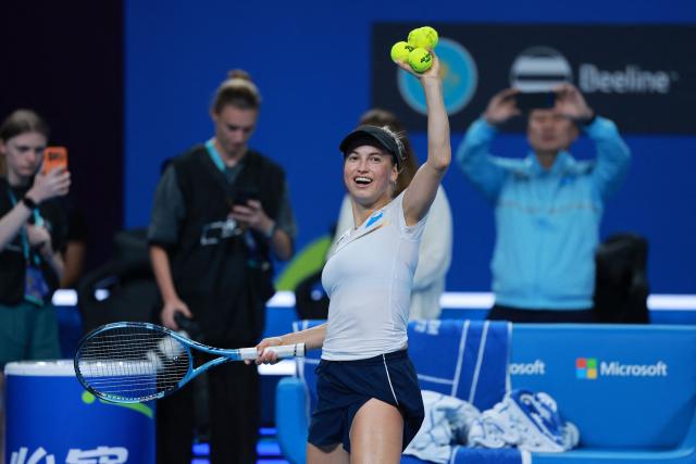 Kazakhstan’s Yulia Putintseva reacts after beating Spain’s Christina Bucsa in their women’s singles quarter-final match at the Billie Jean King Cup tennis tournament in Shenzhen, in China’s southern Guangdong province on September 23, 2026. (Photo by CN-STR / AFP) / China OUT
