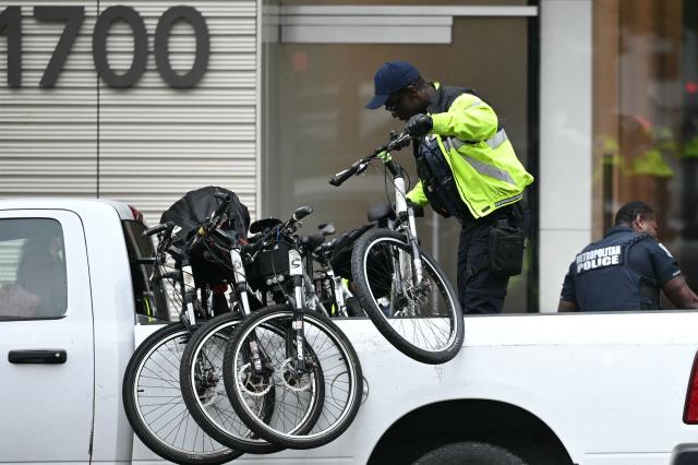 Police officers unload bikes from a truck in anticipation of protests against Chinese President Xi Jinping near the White House in Washington, DC on September 23, 2026. Xi is visiting the United States from September 23 to 25. (Photo by Mandel NGAN / AFP)