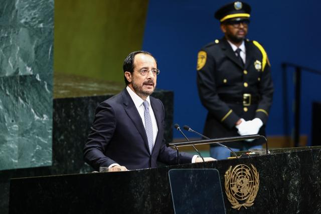 Cyprus' President Nikos Christodoulides speaks during the 81st United Nations General Assembly at the United Nations Headquarters in New York, on September 23, 2026. (Photo by CHARLY TRIBALLEAU / AFP)