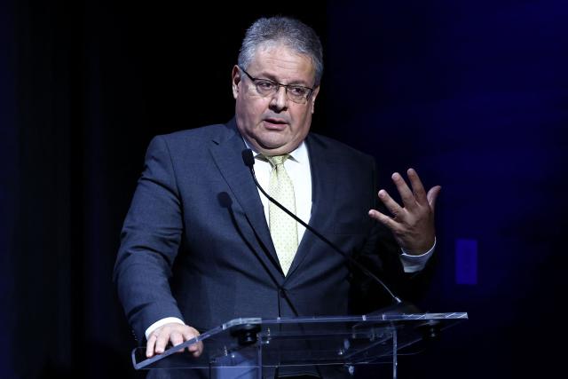 Bashir Rayyes, Finance Commissioner for the National Committee for the Administration of Gaza, speaks during a Board of Peace open session in New York on September 23, 2026. (Photo by CHARLY TRIBALLEAU / AFP)
