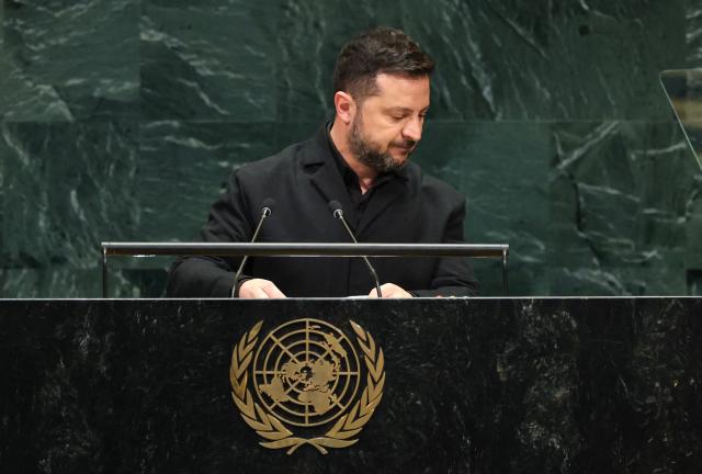 Ukraine's President Volodymyr Zelensky speaks during the 81st United Nations General Assembly at the United Nations Headquarters in New York, on September 23, 2026. (Photo by TIMOTHY A. CLARY / AFP)