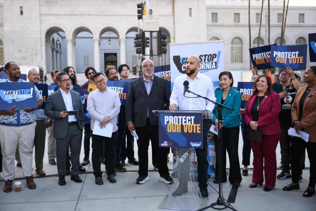 California Assemblymember Isaac Bryan (C) speaks during a news conference about protecting voting rights ahead of the November midterm elections, in Los Angeles, California on September 23, 2026. (Photo by Patrick T. Fallon / AFP)