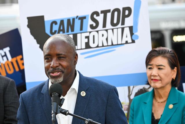 (L/R) Los Angeles City Council President Marqueece Harris-Dawson speaks as US Representative Judy Chu, Democrat from California, looks on during a news conference about protecting voting rights ahead of the November midterm elections, in Los Angeles, California on September 23, 2026. (Photo by Patrick T. Fallon / AFP)