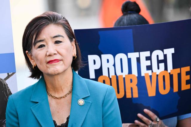 US Representative Judy Chu, Democrat from California, listens during a news conference about protecting voting rights ahead of the November midterm elections, in Los Angeles, California on September 23, 2026. (Photo by Patrick T. Fallon / AFP)