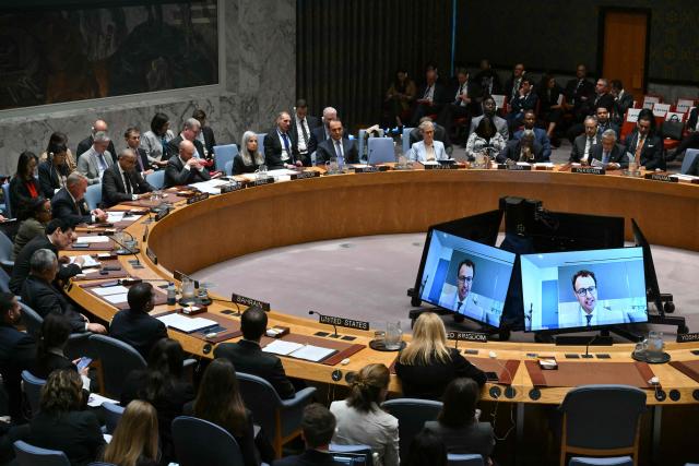 Anthropic CEO Dario Amodei appears by video during a UN Security Council meeting on artificial intelligence during the 81st United Nations General Assembly at UN headquarters in New York on September 23, 2026. (Photo by ANGELA WEISS / AFP)