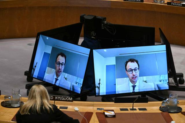 Anthropic CEO Dario Amodei appears by video during a UN Security Council meeting on artificial intelligence during the 81st United Nations General Assembly at UN headquarters in New York on September 23, 2026. (Photo by ANGELA WEISS / AFP)