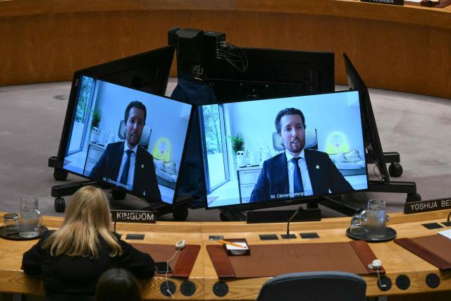 Hugging Face CEO Clement Delangue appears by video during a UN Security Council meeting on artificial intelligence during the 81st United Nations General Assembly at UN headquarters in New York on September 23, 2026. (Photo by ANGELA WEISS / AFP)
