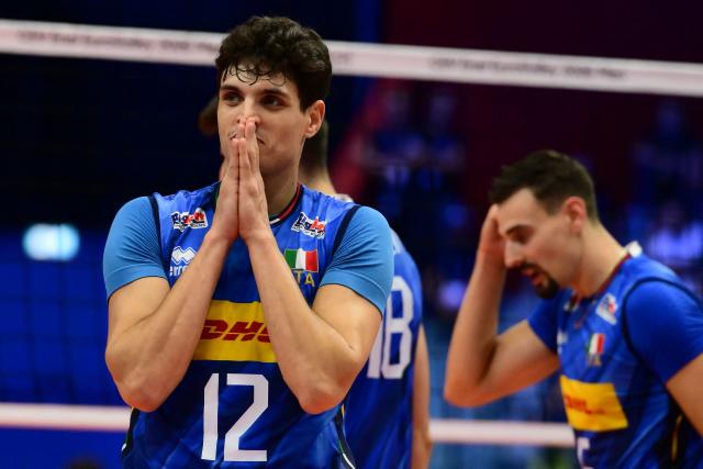 Italy’s Mattia Bottolo reacts during the CEV EuroVolley 2026 men's quarterfinal volleyball match between Italy and Finland at the Palavela in Turin on September 23, 2026. (Photo by Marco BERTORELLO / AFP)