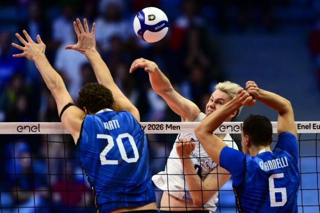 Finland’s Luka Marttila spikes the ball during the CEV EuroVolley 2026 men's quarterfinal volleyball match between Italy and Finland at the Palavela in Turin on September 23, 2026. (Photo by Marco BERTORELLO / AFP)