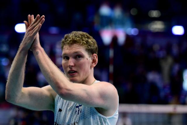 Finland’s Fedor Ivanov celebrates after winning the CEV EuroVolley 2026 men's quarterfinal volleyball match between Italy and Finland at the Palavela in Turin on September 23, 2026. (Photo by Marco BERTORELLO / AFP)