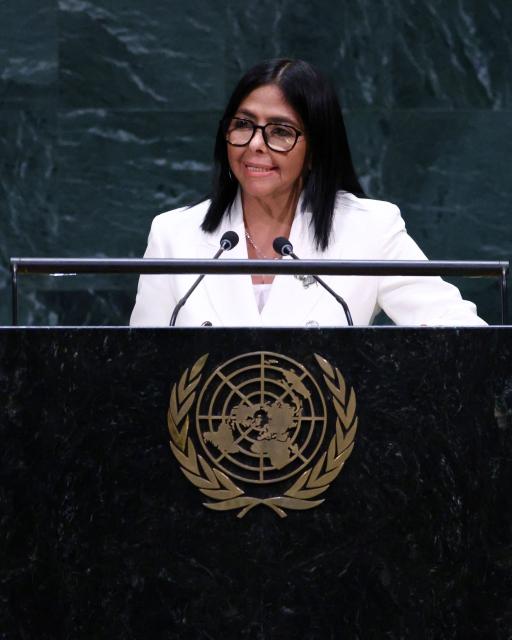 Venezuela’s Acting President Delcy Rodriguez speaks during the 81st United Nations General Assembly at the United Nations Headquarters in New York, on September 23, 2026. (Photo by Leonardo MUNOZ / AFP)