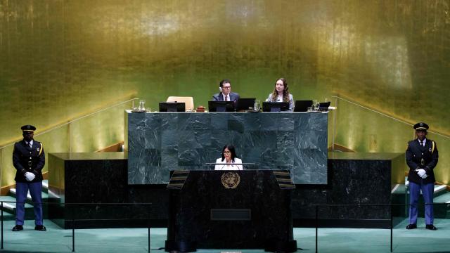 Venezuela’s Acting President Delcy Rodriguez speaks during the 81st United Nations General Assembly at the United Nations Headquarters in New York, on September 23, 2026. (Photo by Leonardo MUNOZ / AFP)