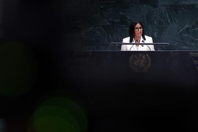 Venezuela’s acting President Delcy Rodriguez speaks during the 81st United Nations General Assembly at the United Nations Headquarters in New York, on September 23, 2026. (Photo by Leonardo MUNOZ / AFP)