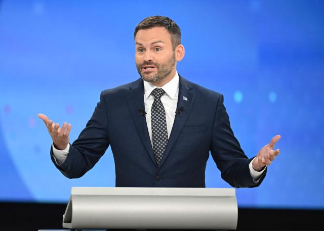 Leader of the Parti Quebecois (PQ) Paul St-Pierre Plamondon speaks during the third and final televised Quebec election debate in Montreal, Quebec, Canada on September 23, 2026. Quebec voters will cast their vote on October 5. (Photo by Graham Hughes / POOL / AFP)