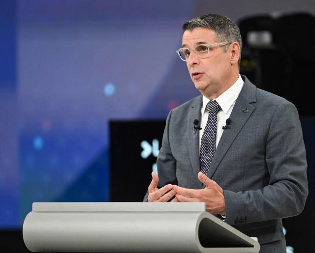 Leader of the Conservative Party of Quebec (PCQ) Eric Duhaime speaks during the third and final televised Quebec election debate in Montreal, Quebec, Canada on September 23, 2026. Quebec voters will cast their vote on October 5. (Photo by Graham Hughes / POOL / AFP)