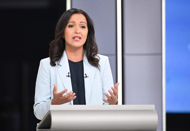 Quebec solidaire's (QS) co-spokesperson Ruba Ghazal speaks during the third and final televised Quebec election debate in Montreal, Quebec, Canada on September 23, 2026. Quebec voters will cast their vote on October 5. (Photo by Graham Hughes / POOL / AFP)