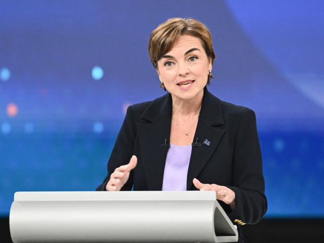 Leader of the Coalition Avenir Quebec (CAQ) Christine Frechette speaks during the third and final televised Quebec election debate in Montreal, Quebec, Canada on September 23, 2026. Quebec voters will cast their vote on October 5. (Photo by Graham Hughes / POOL / AFP)