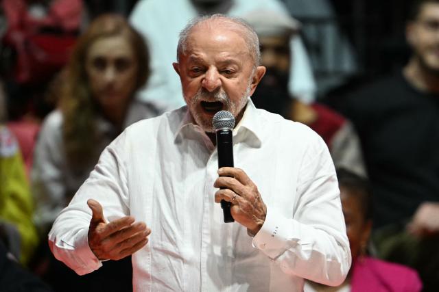 Brazil's President and presidential candidate Luiz Inacio Lula da Silva speaks during a campaign rally with artists and intellectuals at the Fundicao Progresso cultural center in the Lapa neighborhood of central Rio de Janeiro, Brazil, on September 23, 2026. Brazil will hold a presidential election on October 4, 2026. (Photo by MAURO PIMENTEL / AFP)
