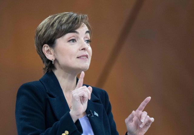 Leader of the Coalition Avenir Quebec (CAQ) Christine Frechette speaks during the third and final televised Quebec election debate in Montreal, Quebec, Canada on September 23, 2026. Quebec voters will cast their vote on October 5. (Photo by Christopher Katsarov / POOL / AFP)