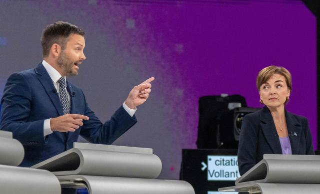 Leader of the Parti Quebecois (PQ) Paul St-Pierre Plamondon (L) and Leader of the Coalition Avenir Quebec (CAQ) Christine Frechette(R) participate in the third and final televised Quebec election debate in Montreal, Quebec, Canada on September 23, 2026. Quebec voters will cast their vote on October 5. (Photo by Christopher Katsarov / POOL / AFP)
