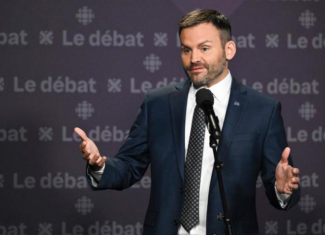 Leader of the Parti Quebecois (PQ) Paul St-Pierre Plamondon speaks to the media following the third and final televised Quebec election debate in Montreal, Quebec, Canada on September 23, 2026. Quebec voters will cast their vote on October 5. (Photo by Graham Hughes / POOL / AFP)